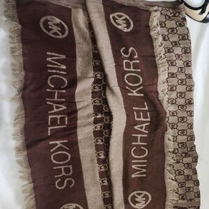 HUGE Michael Kors Brown and Beige Logo Fringe Scarf